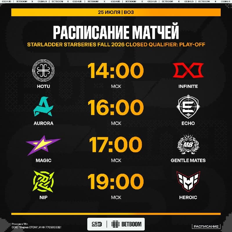 Расписание первого дня плей-офф стадии закрытых квалификаций StarLadder StarSeries Fall 2026
