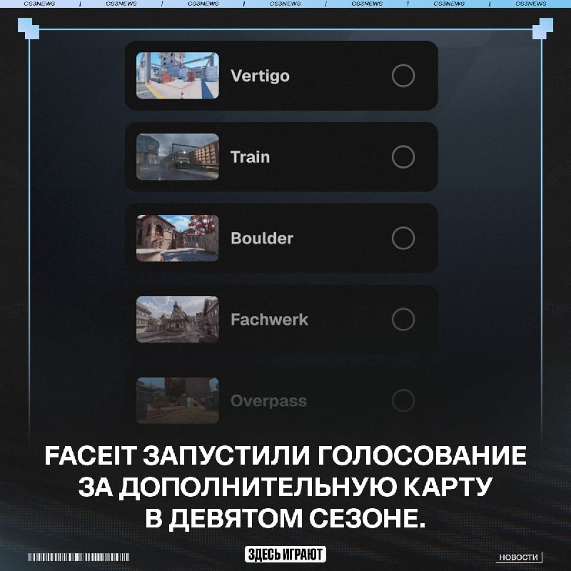 FACEIT запустили голосование за дополнительную карту в девятом сезоне (как было с Cache в прошлом)